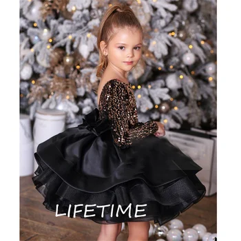 Vaikai Kalėdų Suknelė Juodos spalvos Blizgučiais&Satino Gėlių mergaičių Suknelės 2022 M. Žiemos Komunijos Suknelės Mergaitėms su Laivapriekio