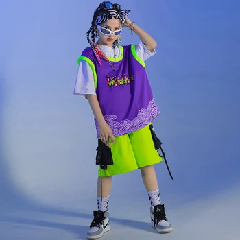 Vaikai Kpop Komplektus Hip-Hop Drabužių Violetinė Negabaritinių Marškinėliai Viršuje Streetwear Krovinių Pants Mergaitė Berniukas Džiazo Šokio Kostiumų Drabužiai