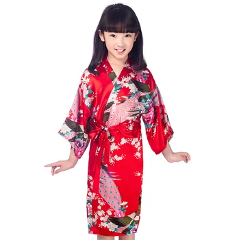 Vasarą Naujos Vaikų Kimono Skraiste Suknelė Atsitiktinis Pusė Rankovės Moteriškas Chalatas Spausdinti Povas Gėlių Mergaitėms Vestuvių Apdarą Minkšto Satino Pižamą