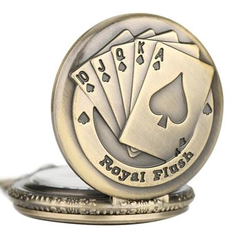 Vintage Stiliaus Bronzinis Pakabukas Flush Pokerio Kortos Modelio Karoliai Žiūrėti Grandinės Madingas 3D Poker Face Laikrodis Kvarcinis FOB Kišenėje Žiūrėti