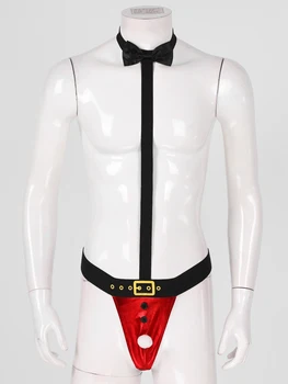 Vyrai Seksualus 1Pcs Blizgus Suspender peteliškę Pom-Pom su G-String Thong Mankini Kalėdų Dovana Kostiumas Elastinės Petnešos Underwears