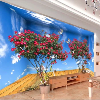 wellyu Pritaikyti didelių sienos dailininkas su 3D vietos po mėlyna dangaus, pavasario žiedų, gražus fonas