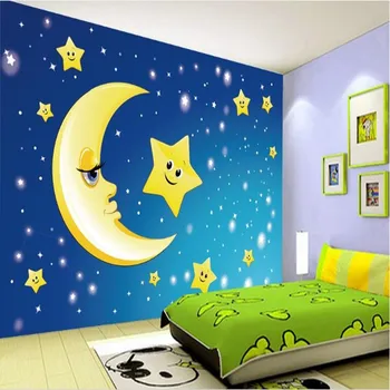 wellyu Užsakymą didelė freska klasikinis žvaigždės, mėnulis cartoon vaikų kambario naktį sienos tapetai papel de parede para quarto