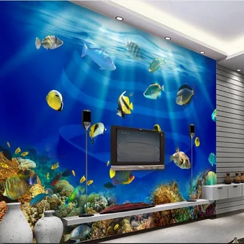 wellyu Užsakymą Didelės Freskos Ocean World Širdies Žuvų Tropinių Žuvų 3D Stereo TV Tapetai papel de parede para quarto
