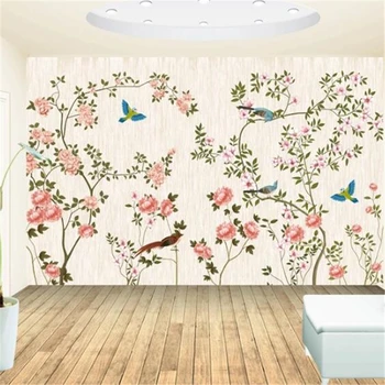 wellyu Užsakymą tapetai 3d freskomis didelių gėlių ir paukščių ranka-dažytos TV foną, sienos dekoratyvinis dažymas freskos 3D tapetai
