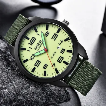 XINEW Žiūrėti Vyrų Karinės Armijos Laikrodžių Mados Žalia Audinio Juosta Auto Data Kvarciniai Laikrodžiai Vyrams Relogio Masculino reloj hombre