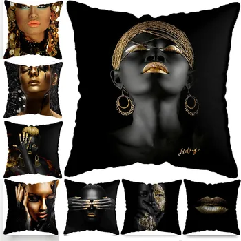 Šiuolaikinė Juodojo Aukso Afrikos Lady Moteris Stiliaus Išvaizdą Meno Spausdinami Pagalvėlė Padengti Namų Dekoro Gyvenamasis Kambarys Sofos Užvalkalas